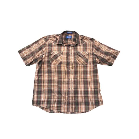 Pendleton Shirt Mens XL Plaid Short Sleeve Frontier Western Pearl Snap tan green - Picture 1 of 4